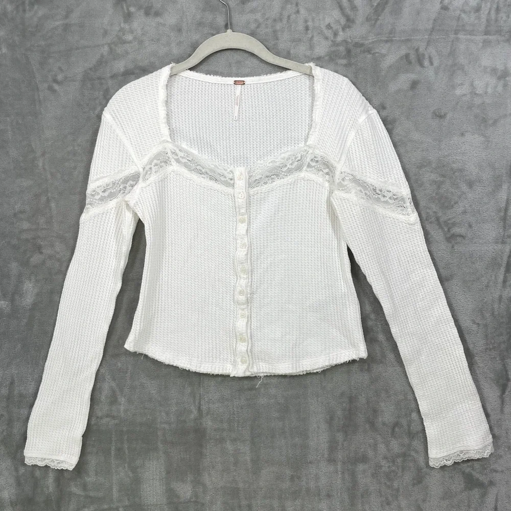 Free People Size M Cotton Lets Party Cardi Lace Top White Waffle Knit Lace Trim